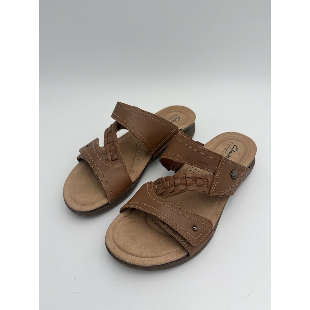 Clarks Women's April Raelynn Slip On Flat Sandal Brown Leather‎ Size 9